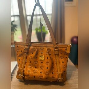 MCM Cognac Visetos Monogrammed Tote in Tan Leather Trim